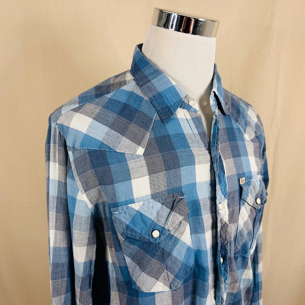 Salt Valley Western Large Shirt Blue Plaid Pearl Snap Cotton Cowboy Casual Mens
